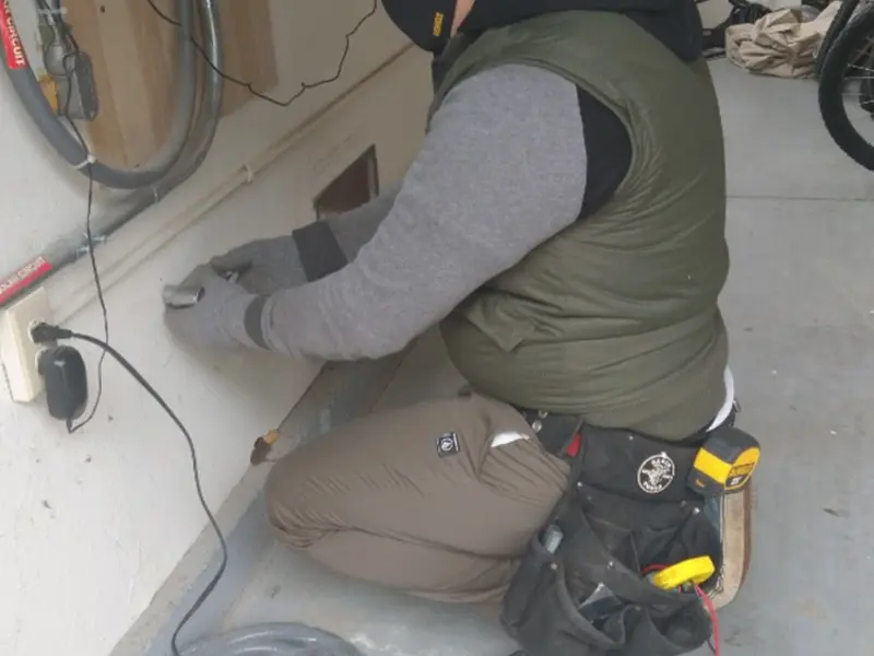 Electrician performing outlet wiring in a Senoia garage